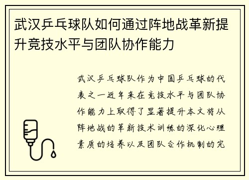 武汉乒乓球队如何通过阵地战革新提升竞技水平与团队协作能力